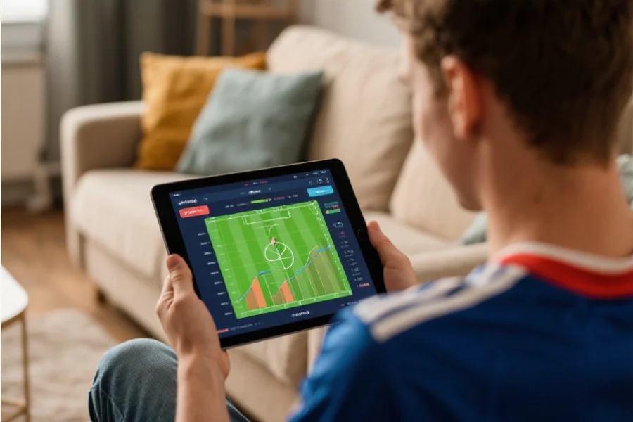 一位年轻球迷在家用平板电脑查看体育比赛的实时数据分析图表，背景为舒适的客厅环境