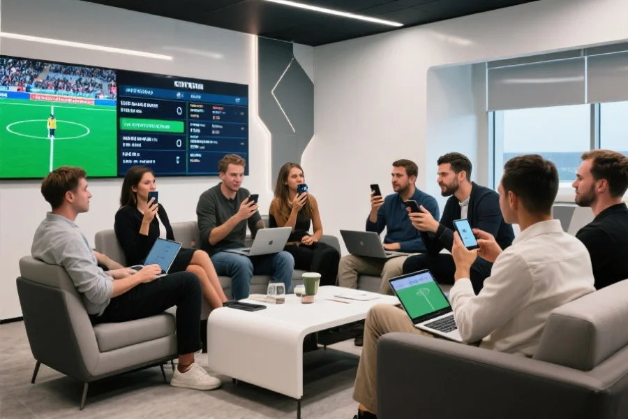 多人围坐在现代风格的休息区，手持手机和笔记本电脑，热烈讨论体育赛事，背景墙上显示着赛事信息